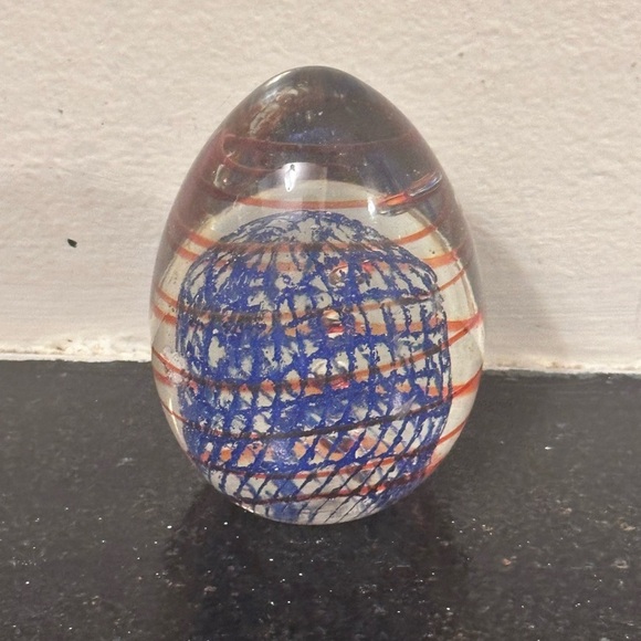 Other - 3.5" Egg Shaped Hand Blown Art Glass PAPERWEIGHT Red Spiral Blue Lattice Heavy